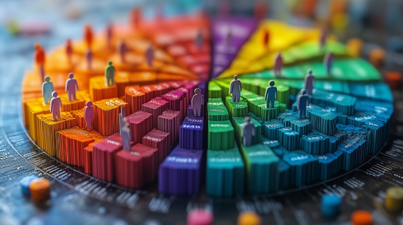 A colorful pie chart with miniature figurines representing different demographics