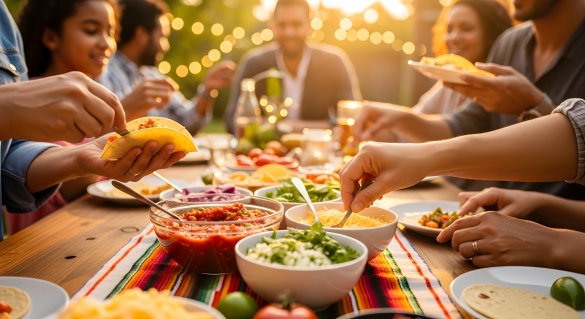 Table set with food and hands dishing up