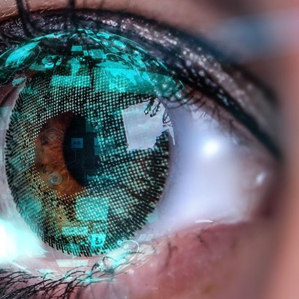 Close up of eye reflecting images